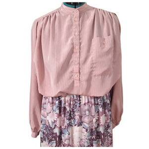 Vintage 80s Dusty Pink Band Collar Secretary Blouse Size Women's Size XL/1X 14